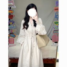 法式复古领长袖棉麻连衣裙女早秋季小众设计亚麻裙子灯笼袖长裙