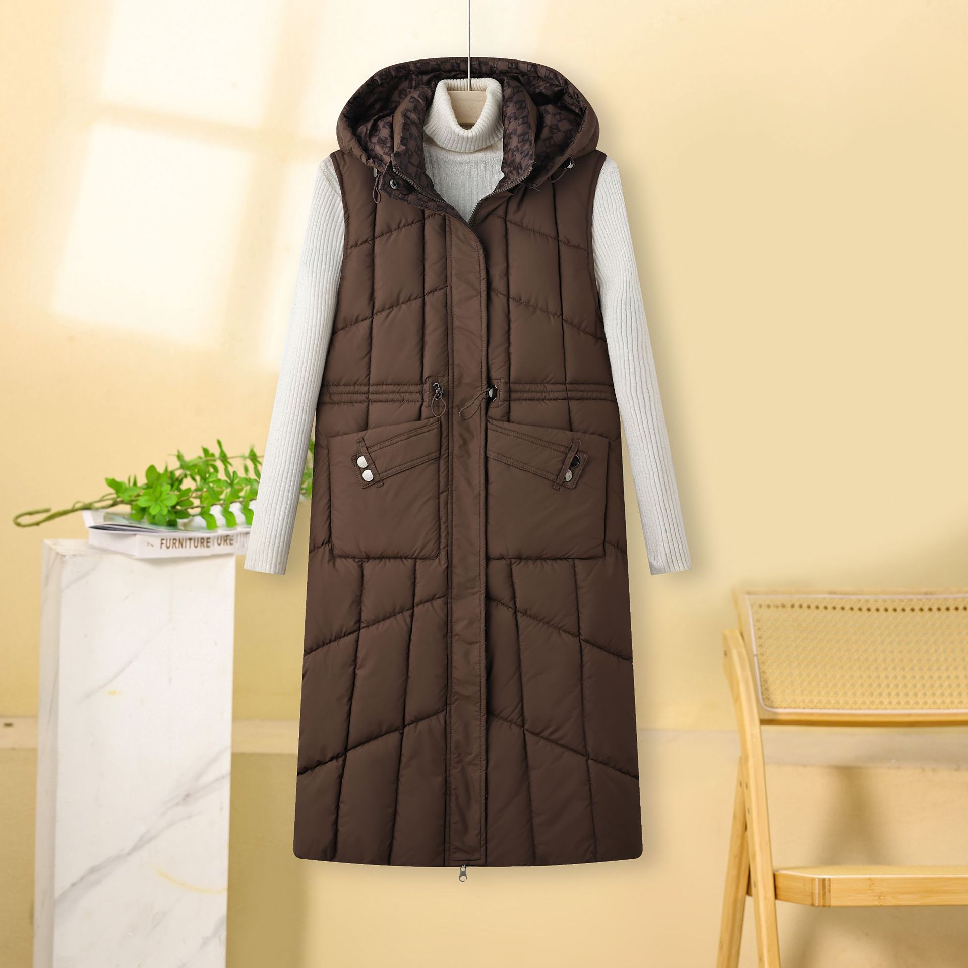 Cappotto gilet in cotone double face da donna – Piumino lungo e sottile invernale coreano, caldo capospalla reversibile (nero/bianco sporco/marrone/cachi, L-XXXL)_voghion.com