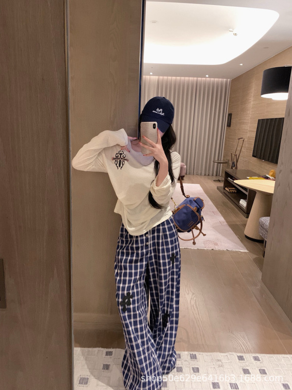 ch5ss秋冬新款美式热浪绿色宝剑长袖上衣时尚百搭黑白两色格子裤|undefined