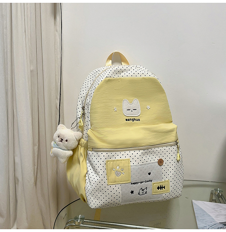 日系新款高颜值清新甜美可爱猫咪波点背包初高中生轻便春游双肩包|undefined