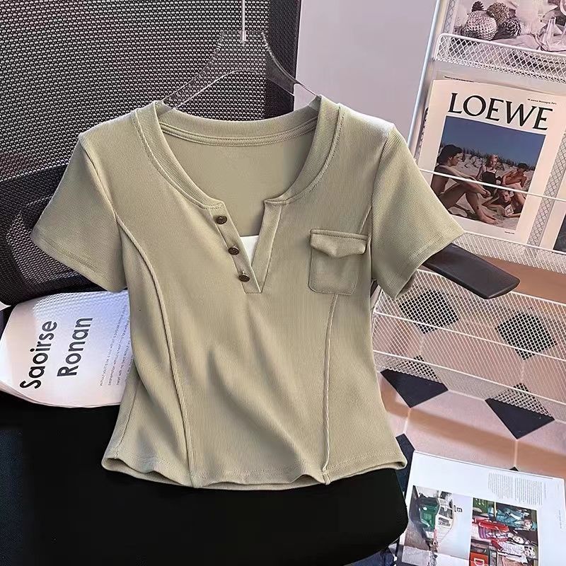 2-300 kg de tamaño extra grande moda estilo occidental falso dos camisetas de manga corta para mujer, hombros de verano, camiseta delgada de media manga