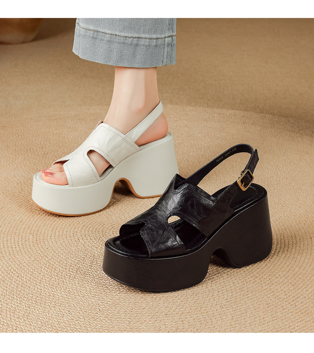 Sandal nữ da cừu mềm đế xuồng cao gót quai chéo hở mũi — màu đen, màu trắng ngà chi tiết 12