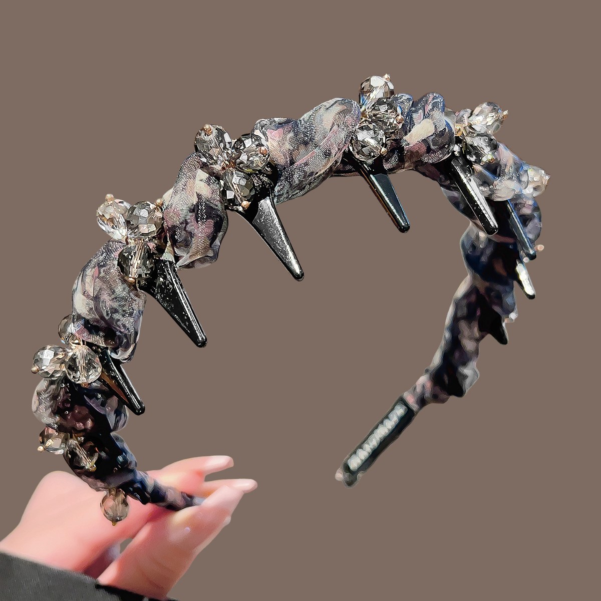 #330 black floral crystal flower headband