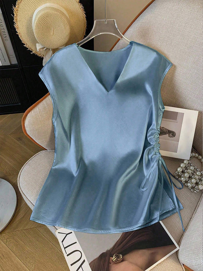 Damen Satin Bluse Mit V-ausschnitt Elegantes Sommer Oberteil_voghion.com