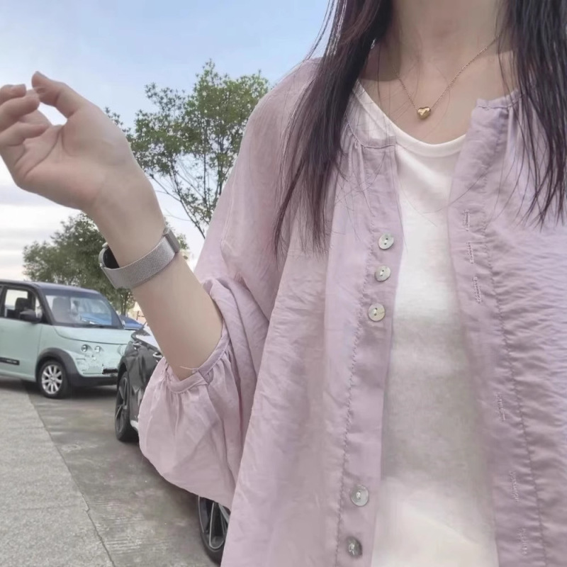 法式温柔紫防晒衬衫女夏薄款外搭罩衫宽松灯笼袖衬衣外套|undefined
