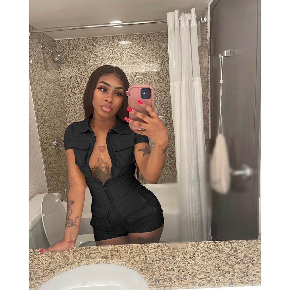 summer new zipper pocket solid color workwear jumpsuit_voghion.com