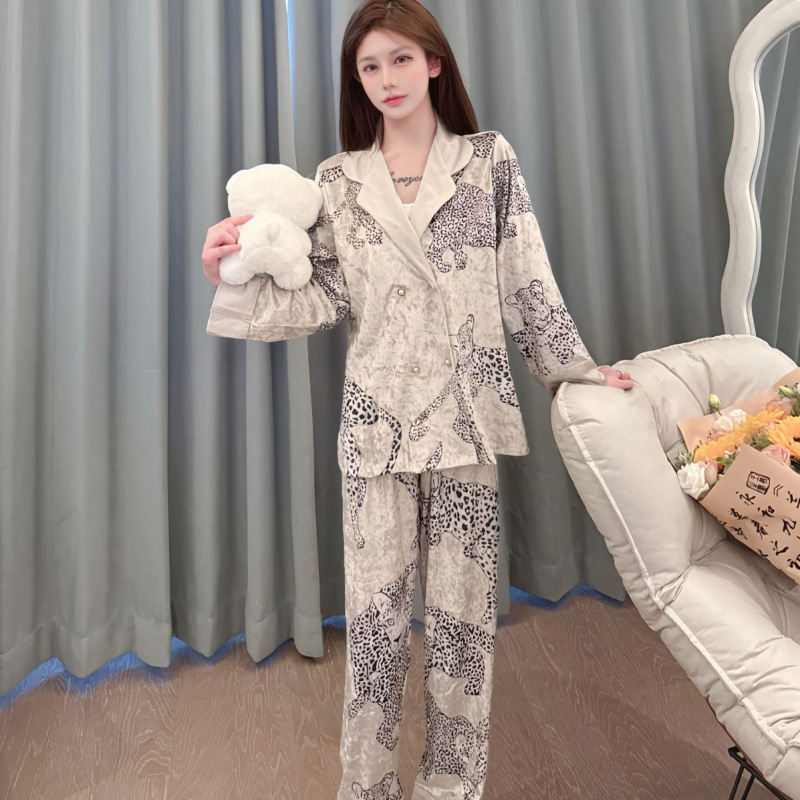 YD家居服2024秋冬金丝绒睡衣女轻奢高级感双排扣豹纹金砖绒套装|undefined