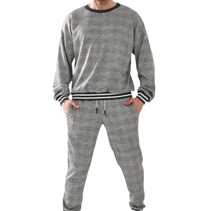 2024 ribbed contrasting color splicing sweatshirt men's two-piece furniture leisure sports set_voghion.com