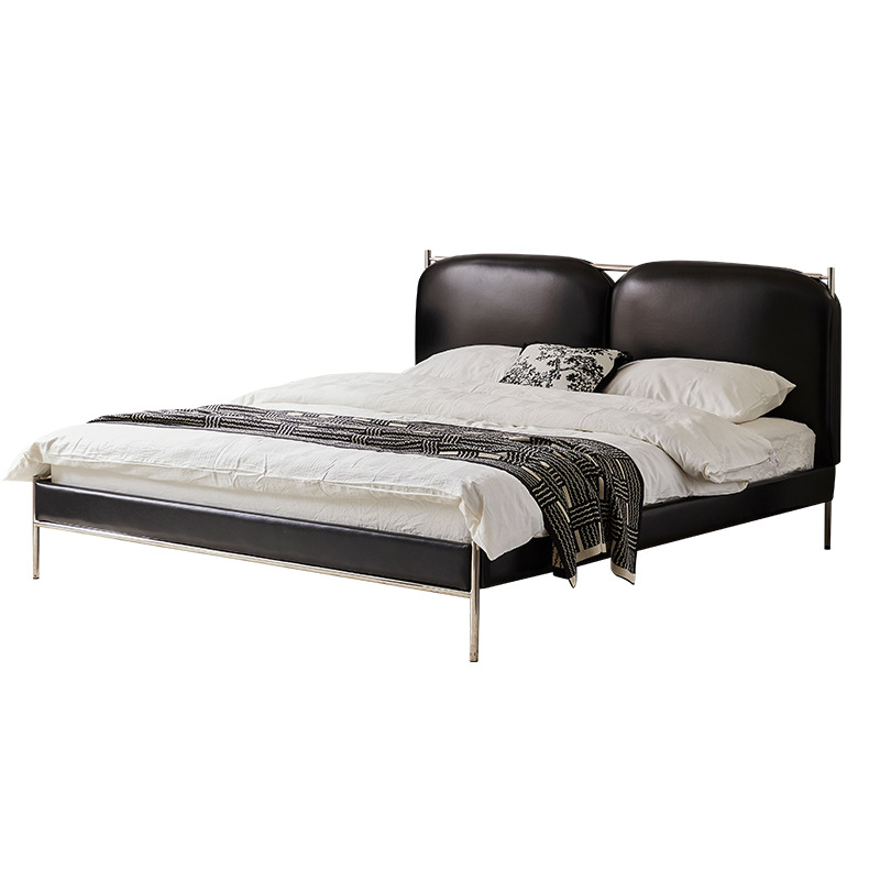 Hengwo cama de cuero negro de piel de vaca de la primera capa 2024 nueva cama Bauhaus cama principal cama de estilo antiguo cama de envoltura suave