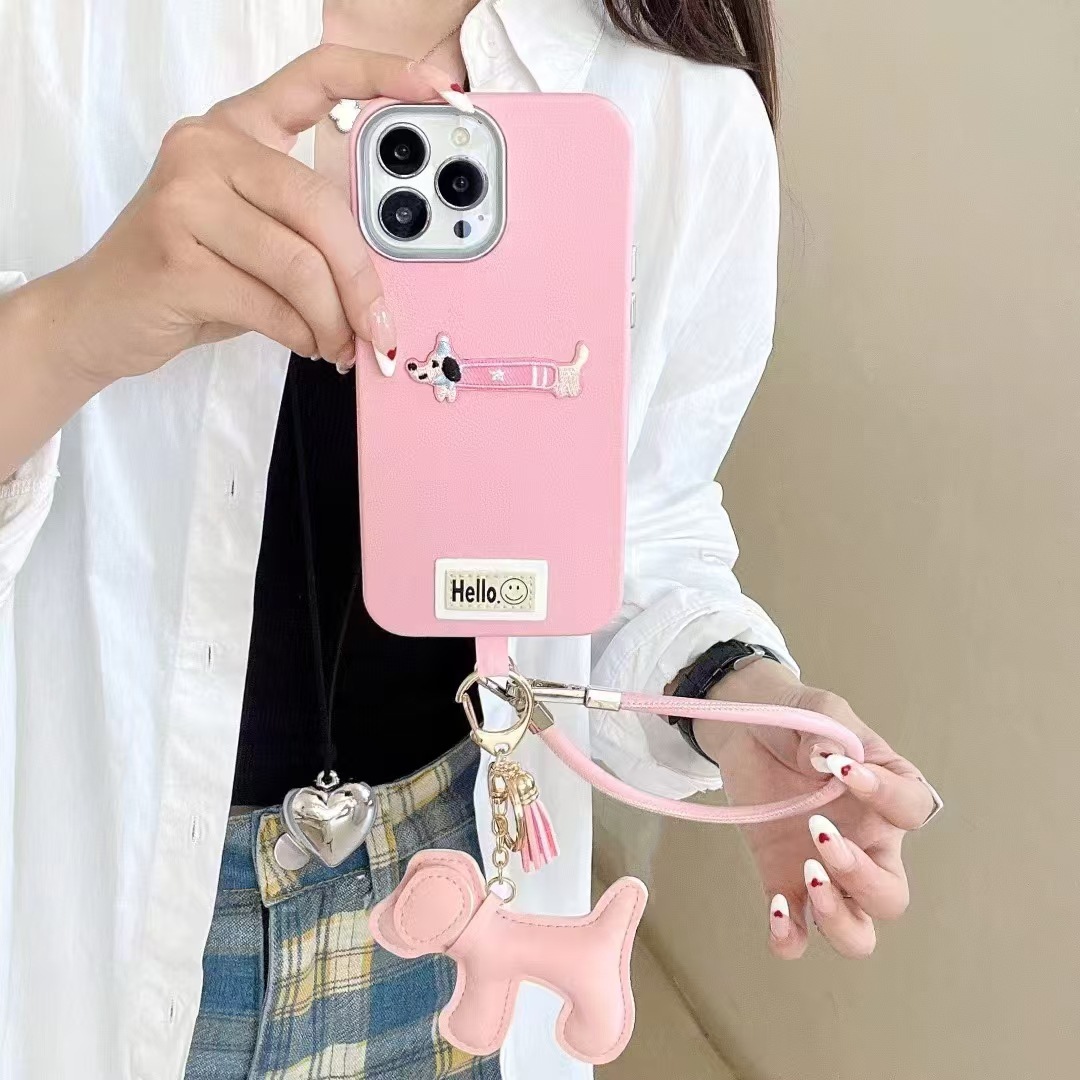 Perro bordado de dopamina para iPhone16promax funda para teléfono móvil Apple 15/14 dos en uno patrón de piel 13p