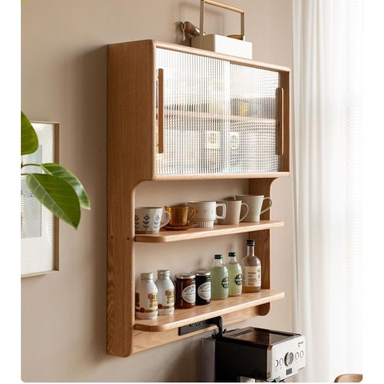 Pine New Solid Wood Wall-Mounted Sideboard Dining Table Integrated Home Small Apartment Storage Cabinet with Silk Flowers