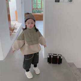 韩国冬款儿童棉衣男女宝宝宽松拼接羊羔毛加绒卫衣中小童加厚外套