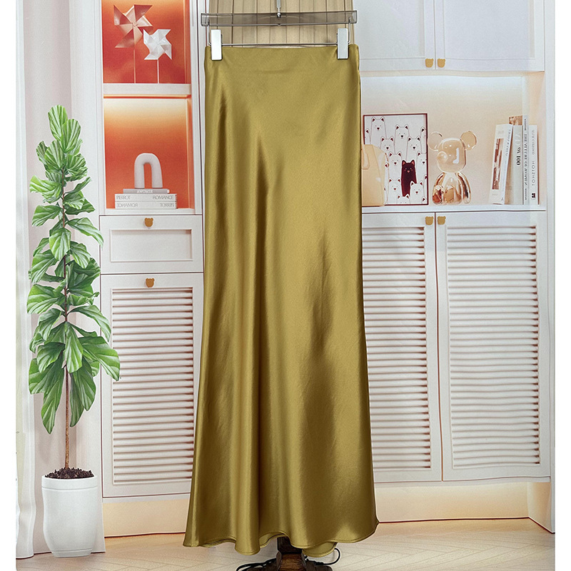 11-color selection extended acetate satin mopping skirt women's high waist sheath side slit A- line fishtail skirt long skirt