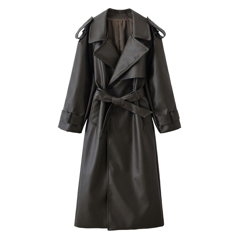 Taop&Za New Autumn and Winter Women's Work Clothing Fashionable Imitation Leather Pebbled Long Leather Windbreaker 1255865