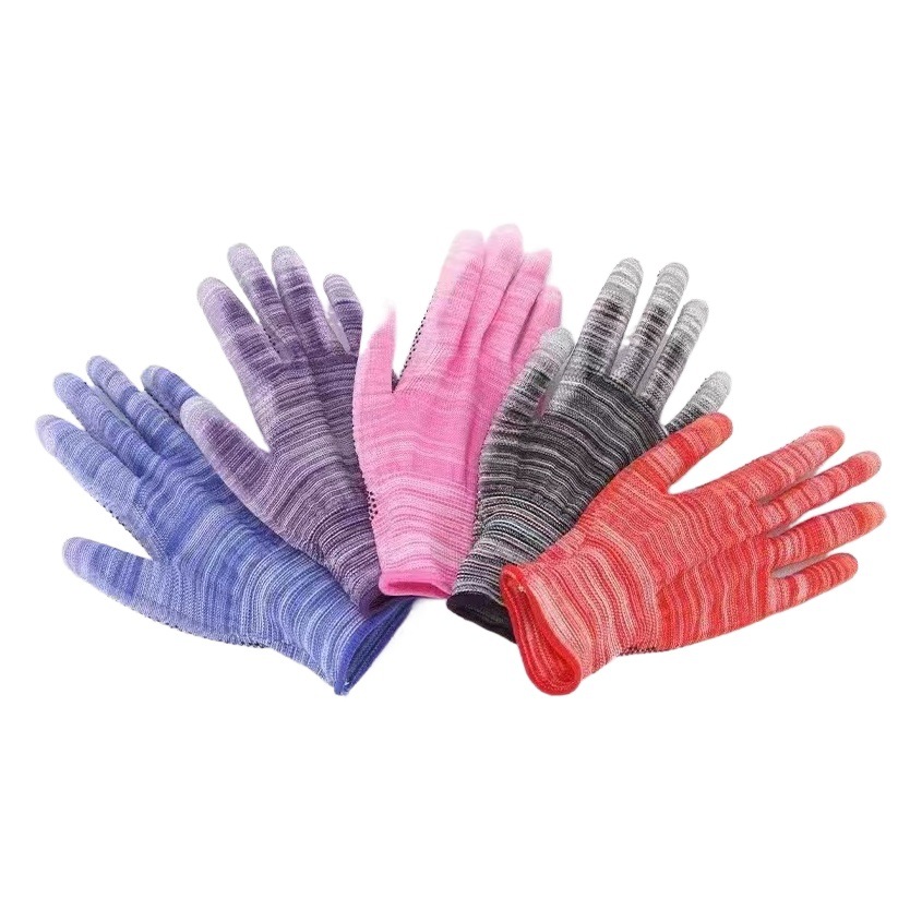 Nylon rayado PU recubierto guantes de Palma transpirable resistente al desgaste antiestático trabajo de las mujeres al por mayor dedo recubierto fino