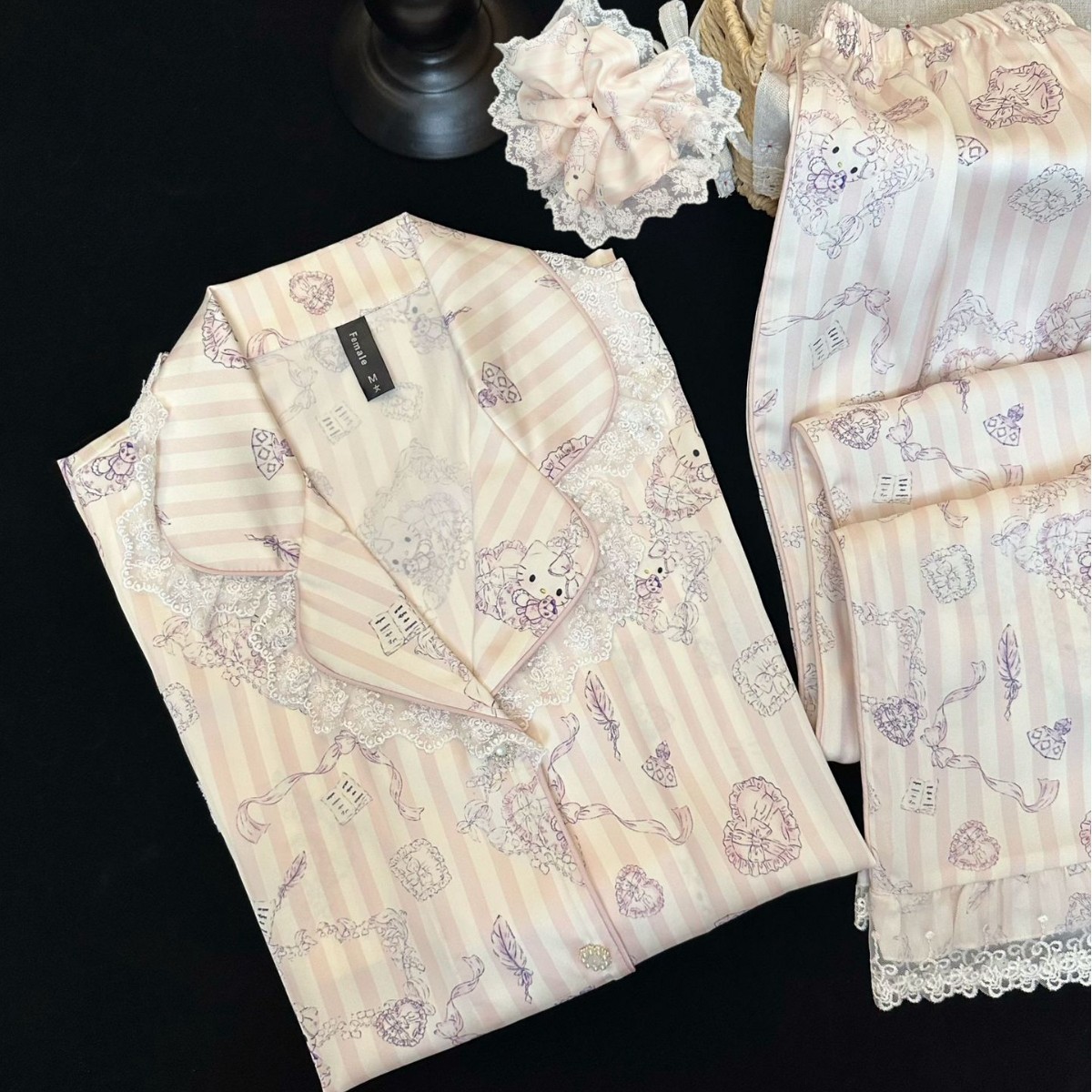 Yase [Doll Chirp] 2025 Super Popular Cat Girl Cute Ice Silk Pajamas Lace Long-Sleeved Suit