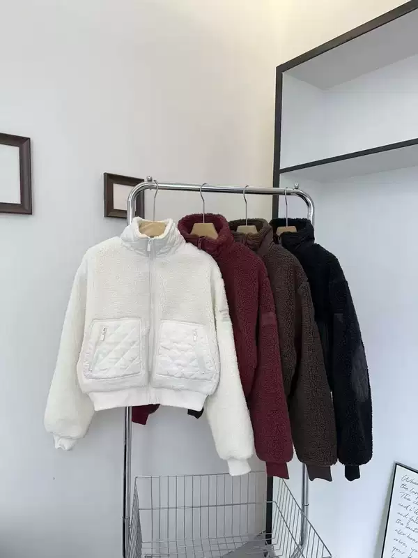 秋冬新款A/0立领羊羔绒拼接棉服外套韩版短款绗缝口袋拉链女棉衣