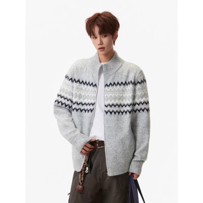 Fair Isle Heavy Thickeneded Sweater Jacket Men's Autumn and Winter Trendy Brand Loose Lazy Style Casual Couple Zipper Cardigan