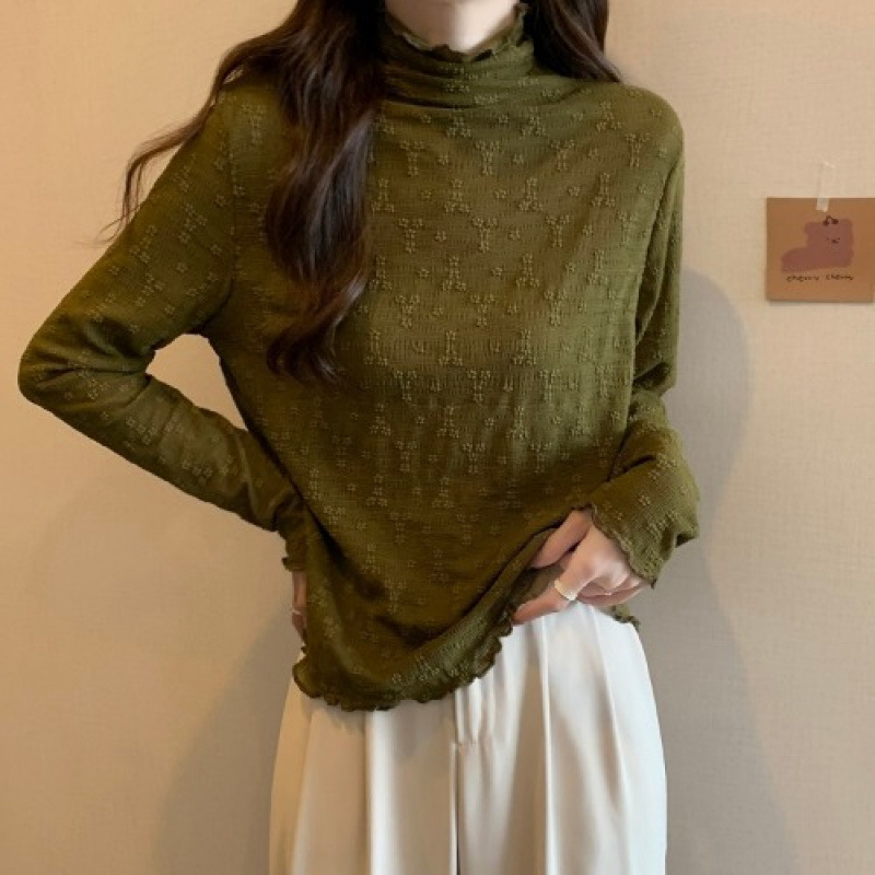 大码胖半高领木耳边蕾丝长袖恤女春秋内搭打底衫遮肚显瘦上衣|undefined