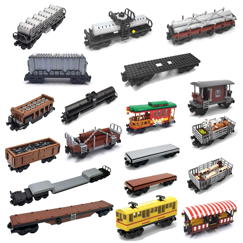 MOC собрал мелкие частицы строительные блоки поезд железнодорожный путь строительные блоки пещера вагон будка ожидания игрушки платформы ожидания