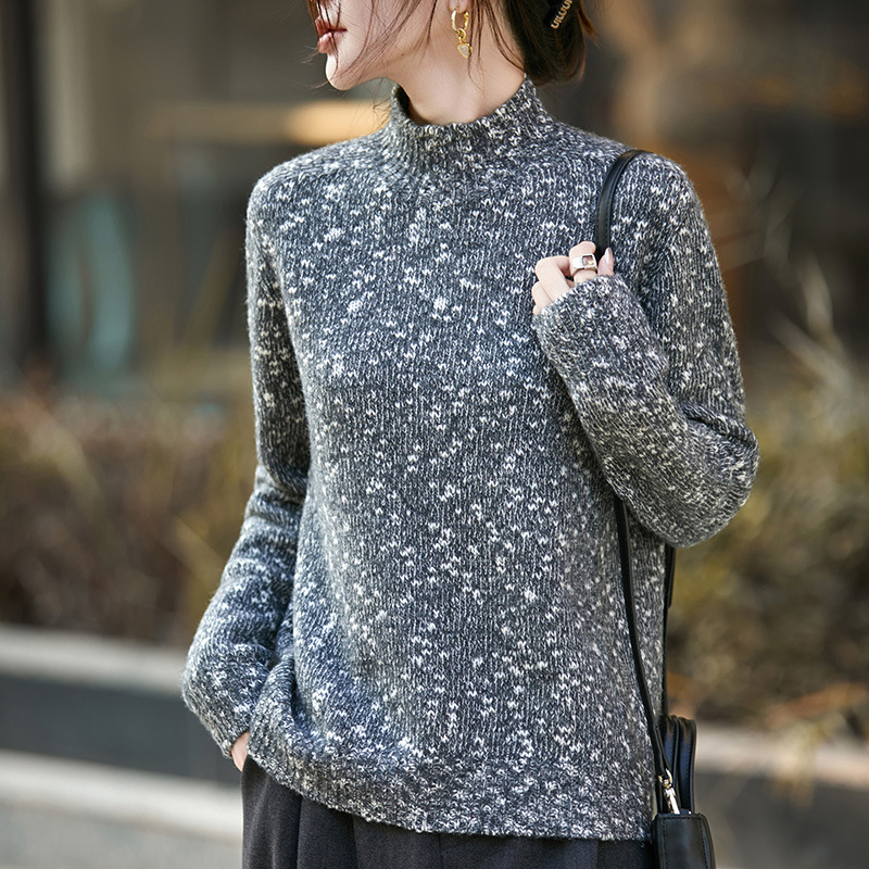 25 Years Autumn and Winter New Floral Yarn Half Turtleneck Knitwear Long-Sleeved Women's Floral Yarn Pullover Loose Bottoming Shirt Top