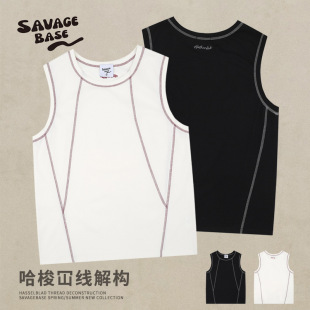 American Style Fashion Brand Sports Style Contrast Color Hatsuo Bright Line Profile Deconstruction Summer Sleeveless Shoulder T-shirt Vest for Men and Women