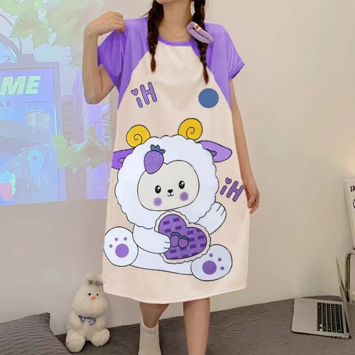 Cheap and Affordable Summer Short-Sleeved Nightgown Cartoon Sweet Cultural Skirt Loose Plus Size Plus Size Dress Home Wear