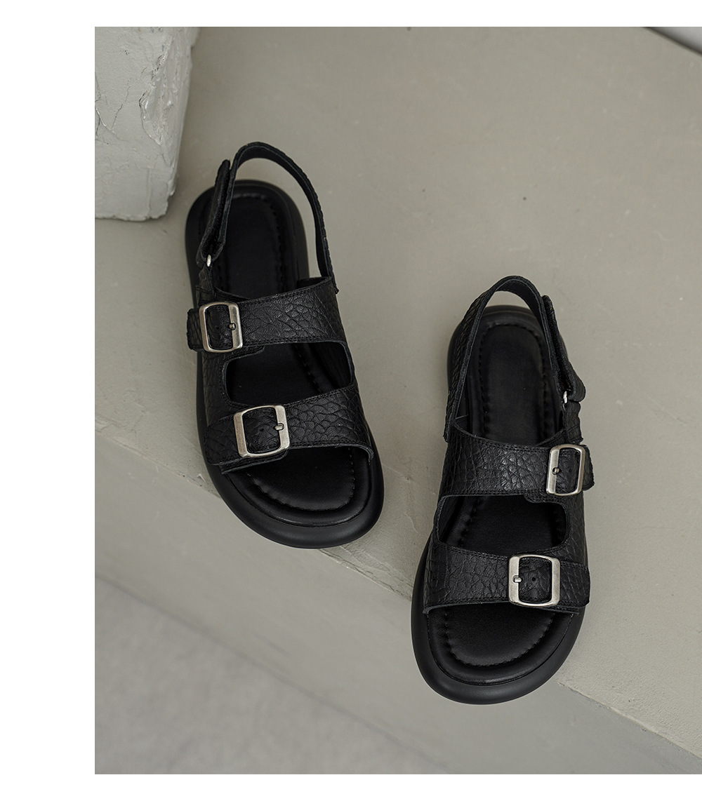 Sandal nữ quai ngang đế bệt da cừu lộ ngón chân phong cách đơn giản — đen chi tiết 14