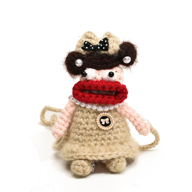 Nuevo popular salchicha boca muñeca ganchillo mochila caricatura lindos niños mochila accesorios móviles bolsas de lana