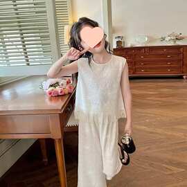 中大童夏季洋气时髦两件套透气柔软时尚女童名媛风无袖背心阔腿裤