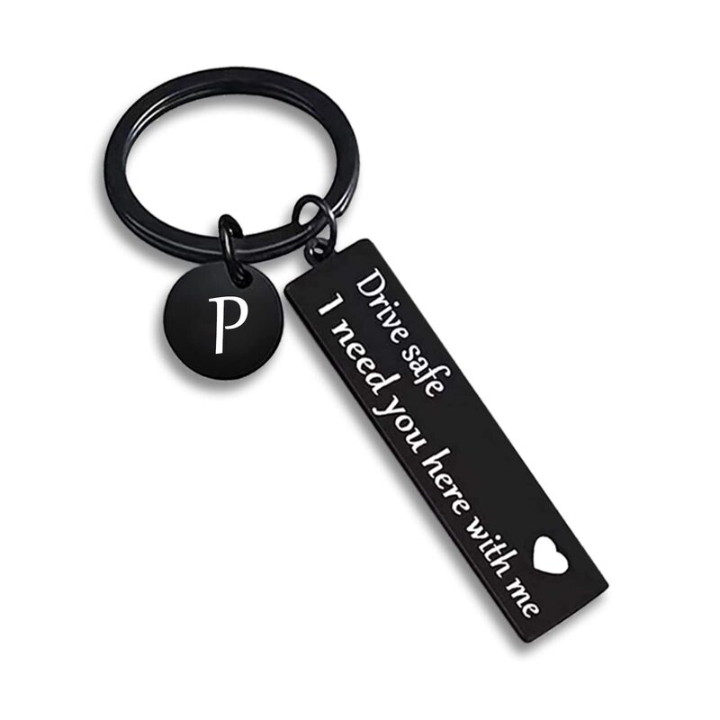 26 Letter Keychain Driver Safety Reminder Keychain Black Electroplated Square Plate Heart Gift Safety Keychain