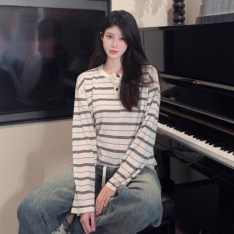 2026 Spring New Merino Wool Lightweight Striped Henley Collar Women's Lazy Style Striped Knitted Pullover