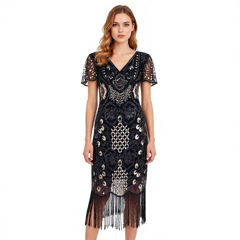 S-4Xl New Product Amazon 1920S Gatsby Evening Dress Retro Party Sequin Tassel Dress