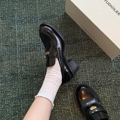 羊皮版~羊皮英伦风小金币一脚蹬粗跟厚底乐福鞋女高跟单鞋小皮鞋