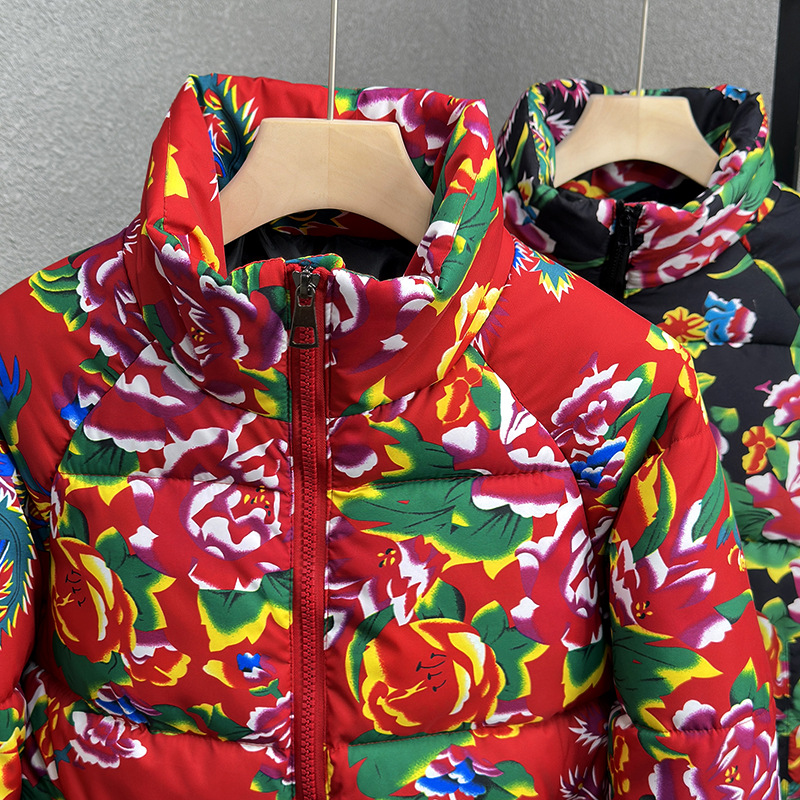 Trendy red jacket, Northeast large flower cotton coat, men's personalized warm floral print, bread coat jacket_voghion.com
