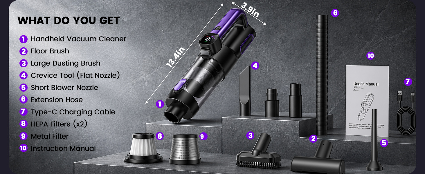 Car vacuum cleaner, brushless, high-power, super strong, two-speed adjustment, power display, handheld, blow-suction integrated, suitable for both home and car use