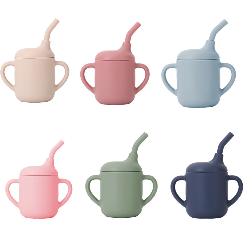 Taza de bocadillos para niños, vajilla para bebés, taza de bocadillos para bebés, mango binaural portátil, taza de paja para niños, taza para aprender a beber, silicona