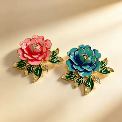 Chinese-style enamel peony brooch, cheongsam, Hanfu lapel pin, suit coat floral brooch accessory manufacturer