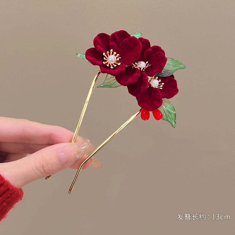 古代スタイルの赤いベルベットレースクリップフルセット漢服花嫁の頭飾りヘアピンパールタッセルシンプルで多用途なお祝いの花|undefined