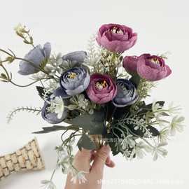 茶玫仿真花茶苞玫瑰把束小牡丹欧式插花家居装饰花材摄影跨境假花