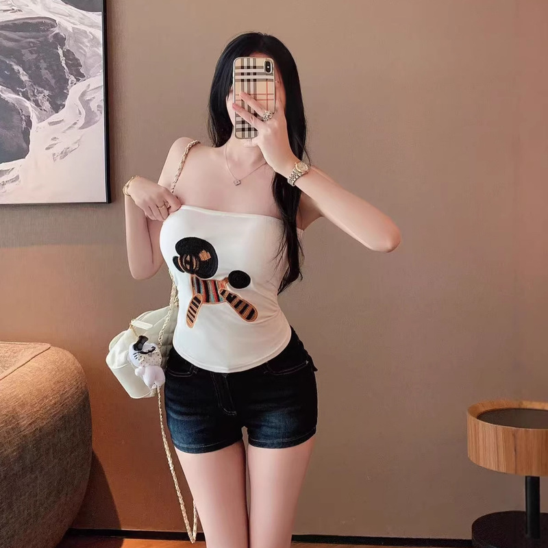 2026 Summer New Style Sweet and Spicy Dog Embroidery Strapless Slim-Fit Women's One-Piece Top with Chest Pads, Slimming and Versatile 2026 Summer New Style Sweet and Spicy Dog Embroidery Strapless Slim-Fit Women's One-Piece Top with Chest Pads, Slimming and Versatile