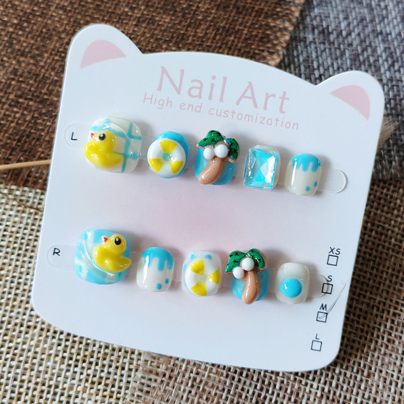 Coconut Tree Little Yellow Duck Children's Handmade Wearable Nails 3-6-10 Years Old Children's Anti-Bite Nail Patch Cute Manicure Coconut Tree Little Yellow Duck Children's Handmade Wearable Nails 3-6-10 Years Old Children's Anti-Bite Nail Patch Cute Manicure