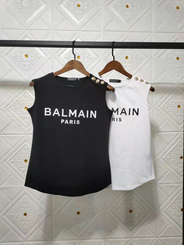 Spring and Summer New Balmain Thick Letter Balmain Cotton Round Neck Gold Buckle Sleeveless Vest T-Shirt for Women