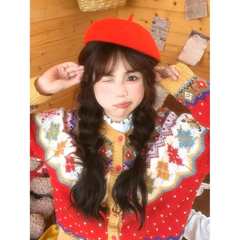 Fair Isle Christmas Red Knitwear Cardigan Women's Autumn and Winter Contrasting Color Knitwear Loose Lazy Style Jacket Atmosphere