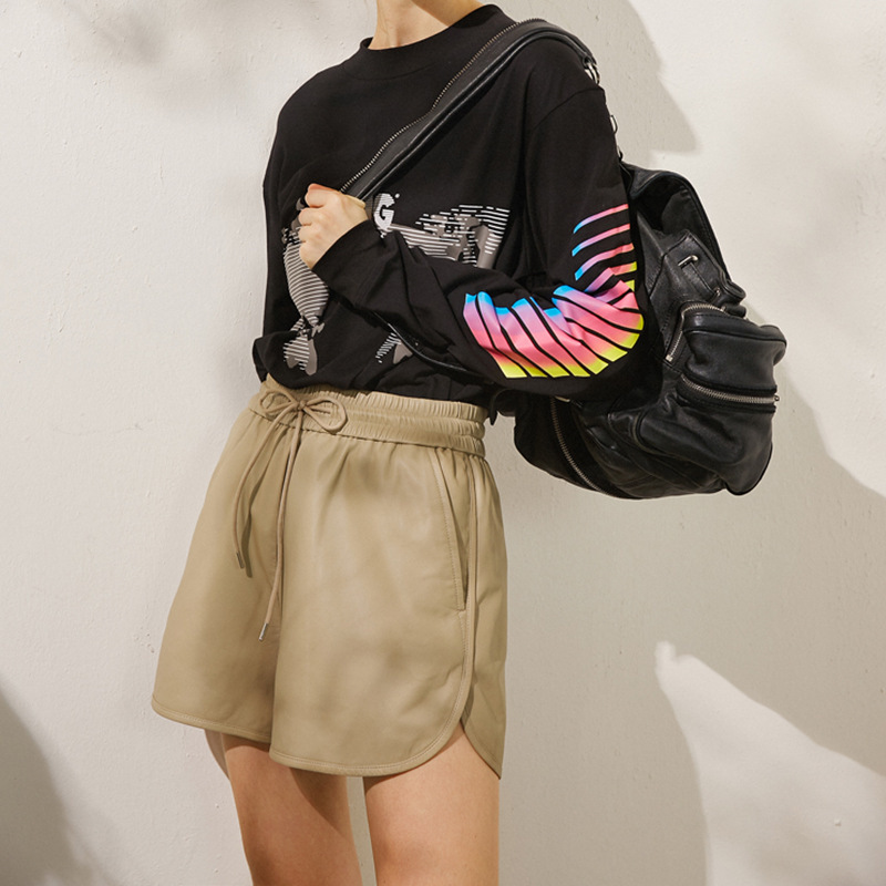 Clearance Sale! Lambskin Trimmed Genuine Leather Shorts with Drawstring Elastic Waist, Curved Hem, Sheepskin Straight-Leg Leather Pants Clearance Sale! Lambskin Trimmed Genuine Leather Shorts with Drawstring Elastic Waist, Curved Hem, Sheepskin Straight-Leg Leather Pants
