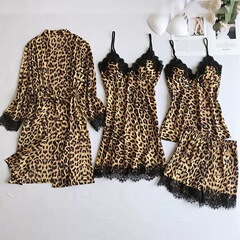 新型欧米の模造糸黒豹紋家庭服パジャマセットファッションレースパジャマセット卸売り