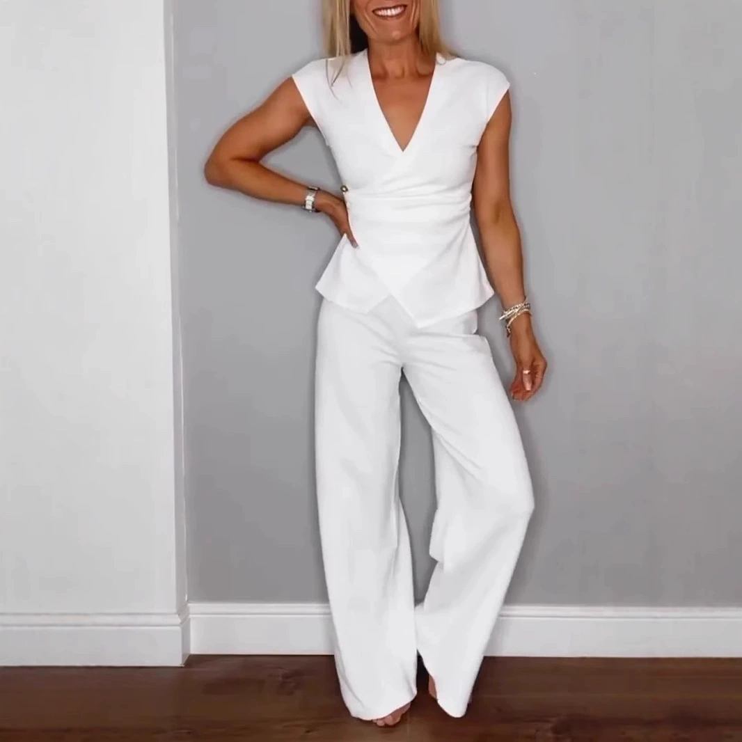 Весна и лето 202, европейские и американские Amazon, трансграничный экспорт, однотонные плиссированные брюки с короткими рукавами и металлической пряжкой, женский костюм