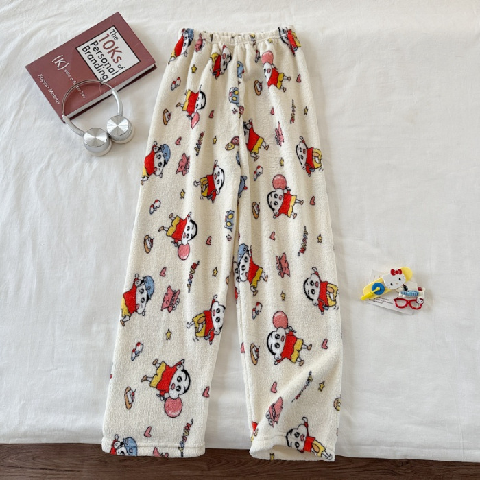Invierno nuevo pantalones cálidos de franela estilo de caricatura coreano para mujeres más grueso y terciopelo cálido para el hogar pijamas de lana se pueden usar fuera