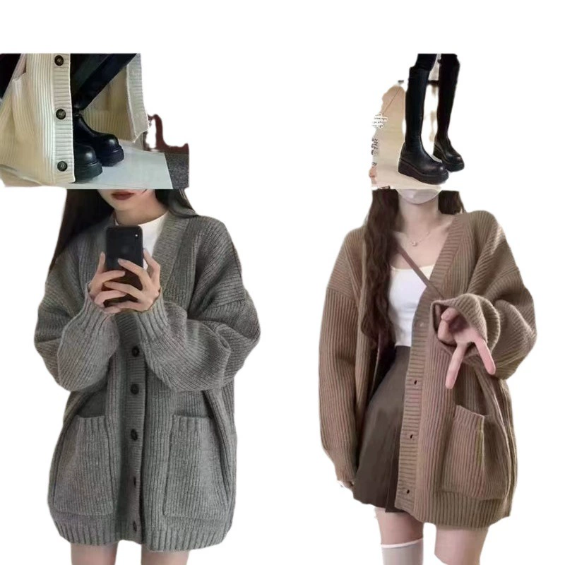 Вязаный осенний свитер, кардиган, жакет, стиль Chanel, свободный крой, V-образный вырез
