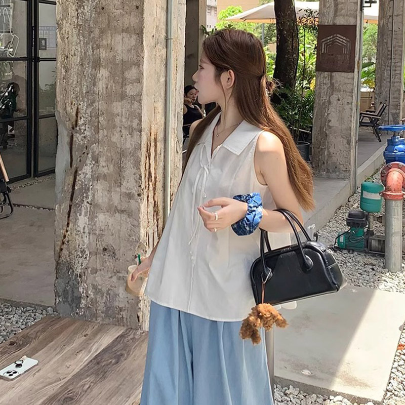 法式白色无袖背心衬衫女夏季设计感小众绝美衬衣娃娃衫气质上衣|undefined